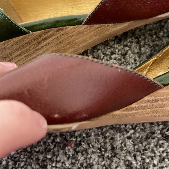 Seychelles Retro Green, Burgundy, and Brown Peep Toe Wedges Size 8 - Picture 5 of 10
